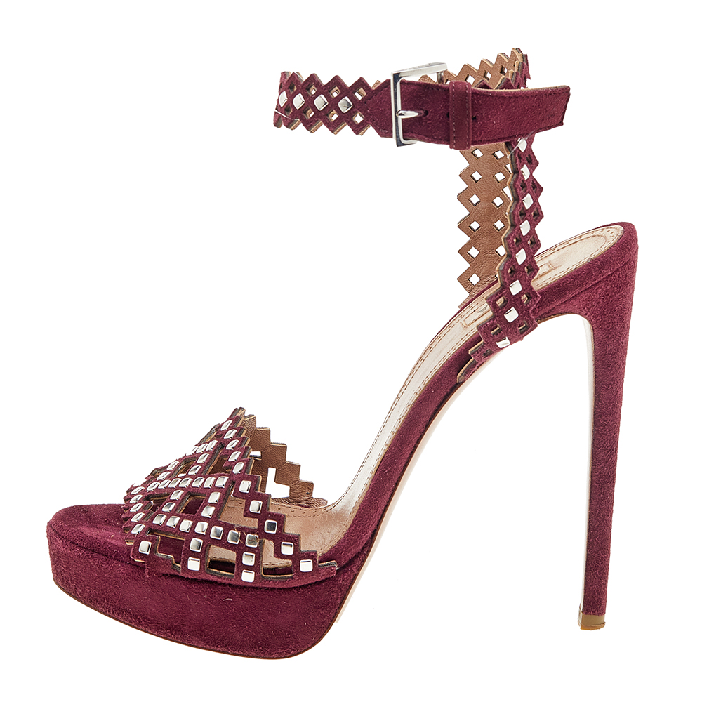 

Alaia Burgundy Laser Cut Suede Ankle Strap Platform Sandals Size