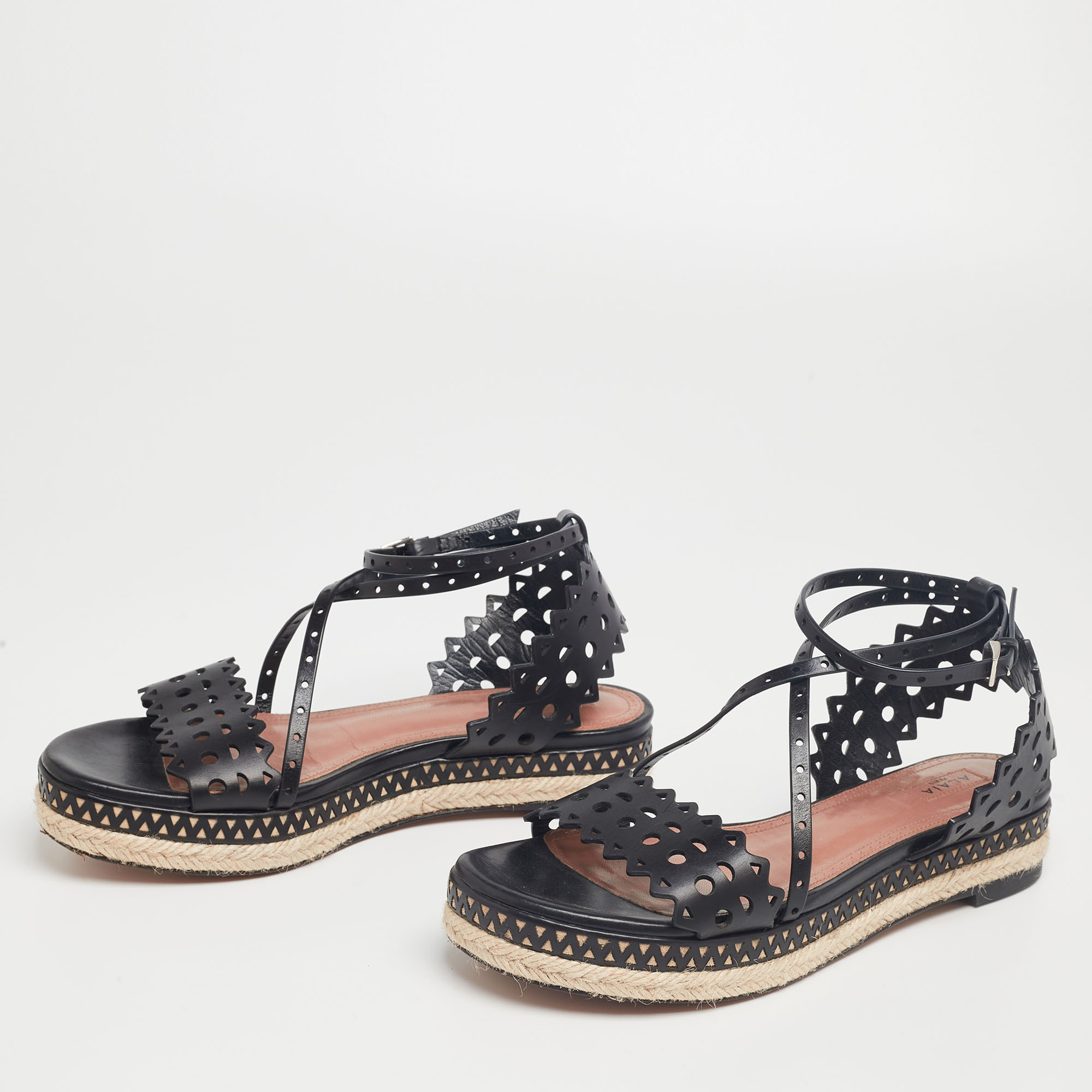 

Alaia Black Laser-Cut Leather Ankle-Strap Flat Espadrilles Size