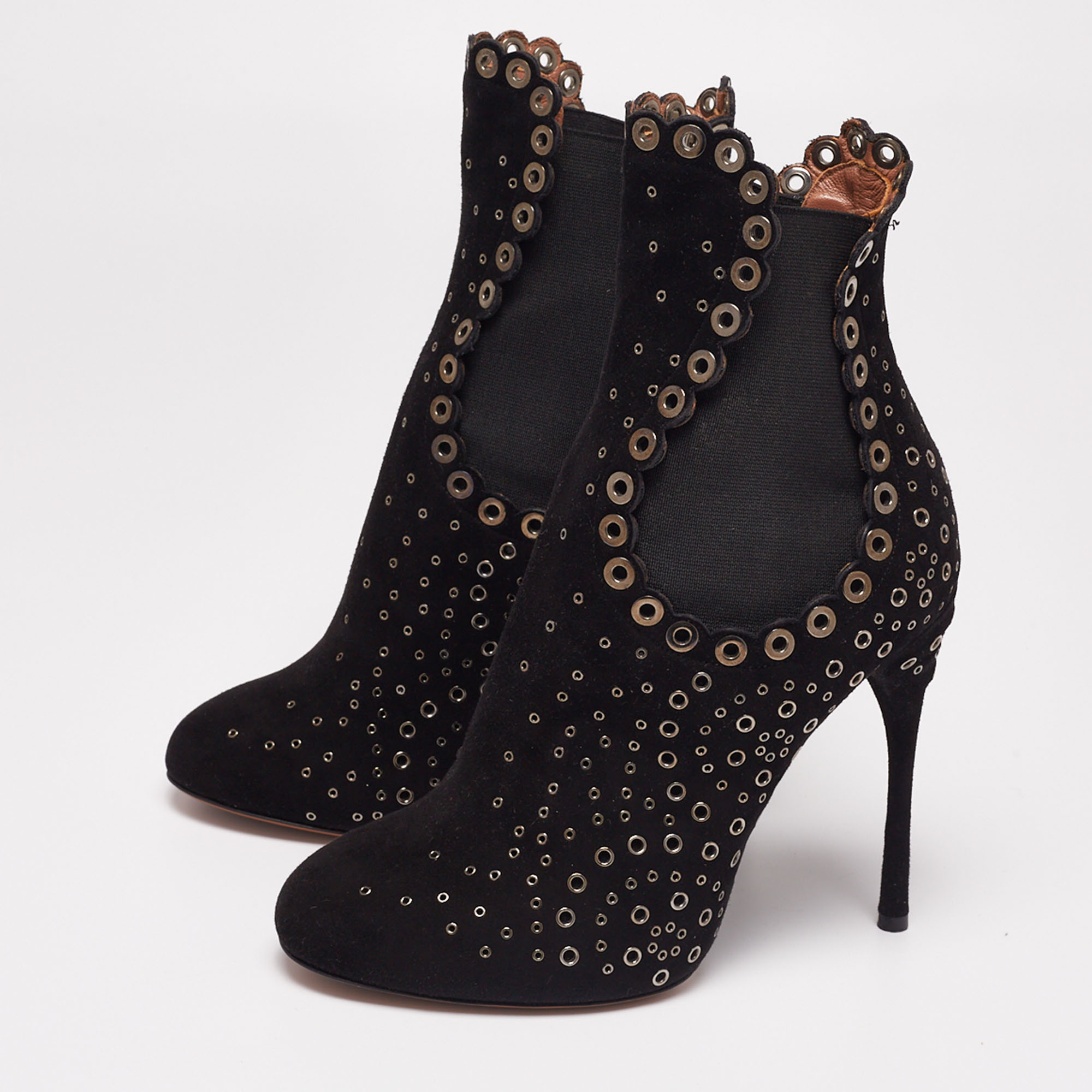 

Alaia Black Suede Eyelet Embellished Ankle Length Boots Size