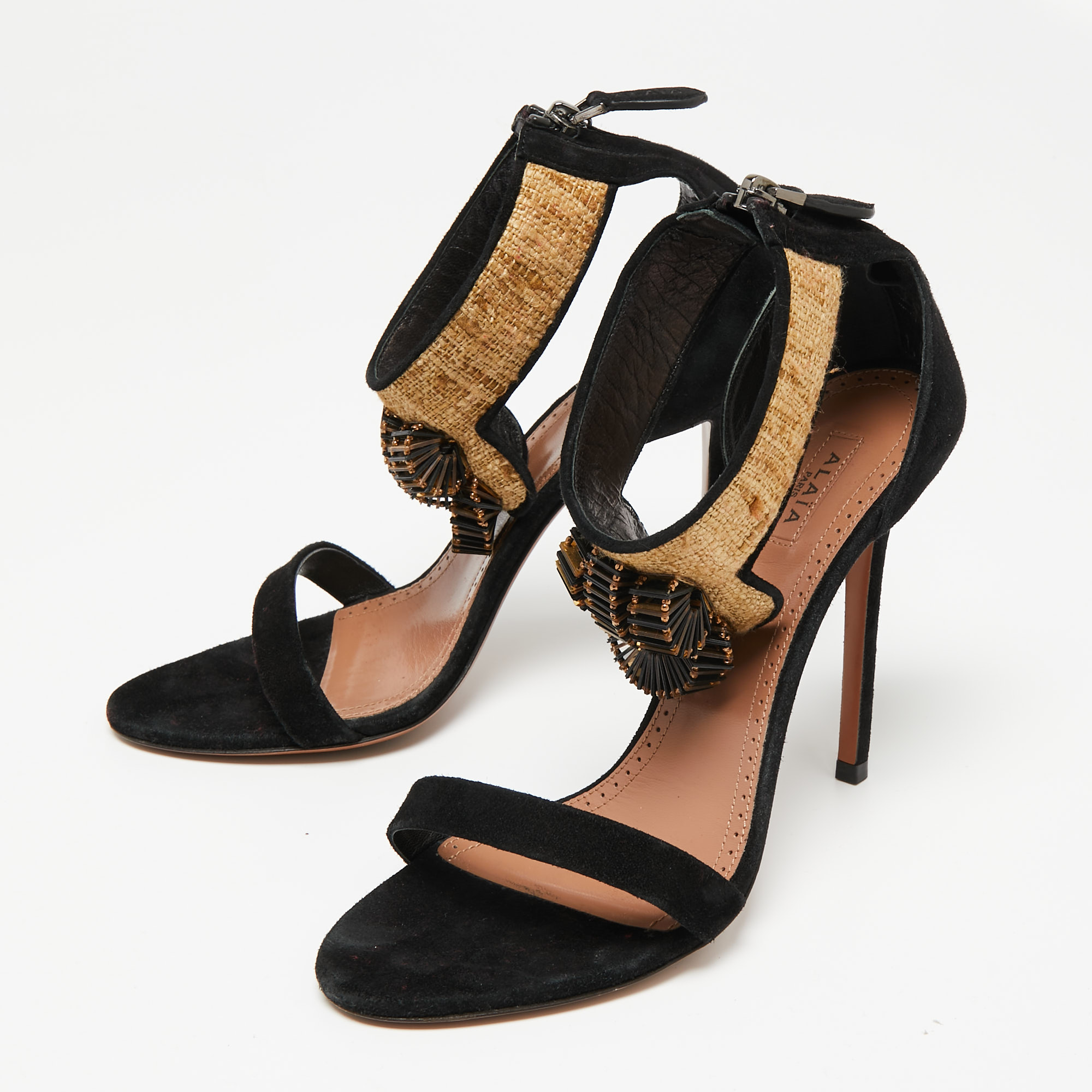 

Alaia Black Suede Open Toe Ankle Embellished Strap Sandals Size