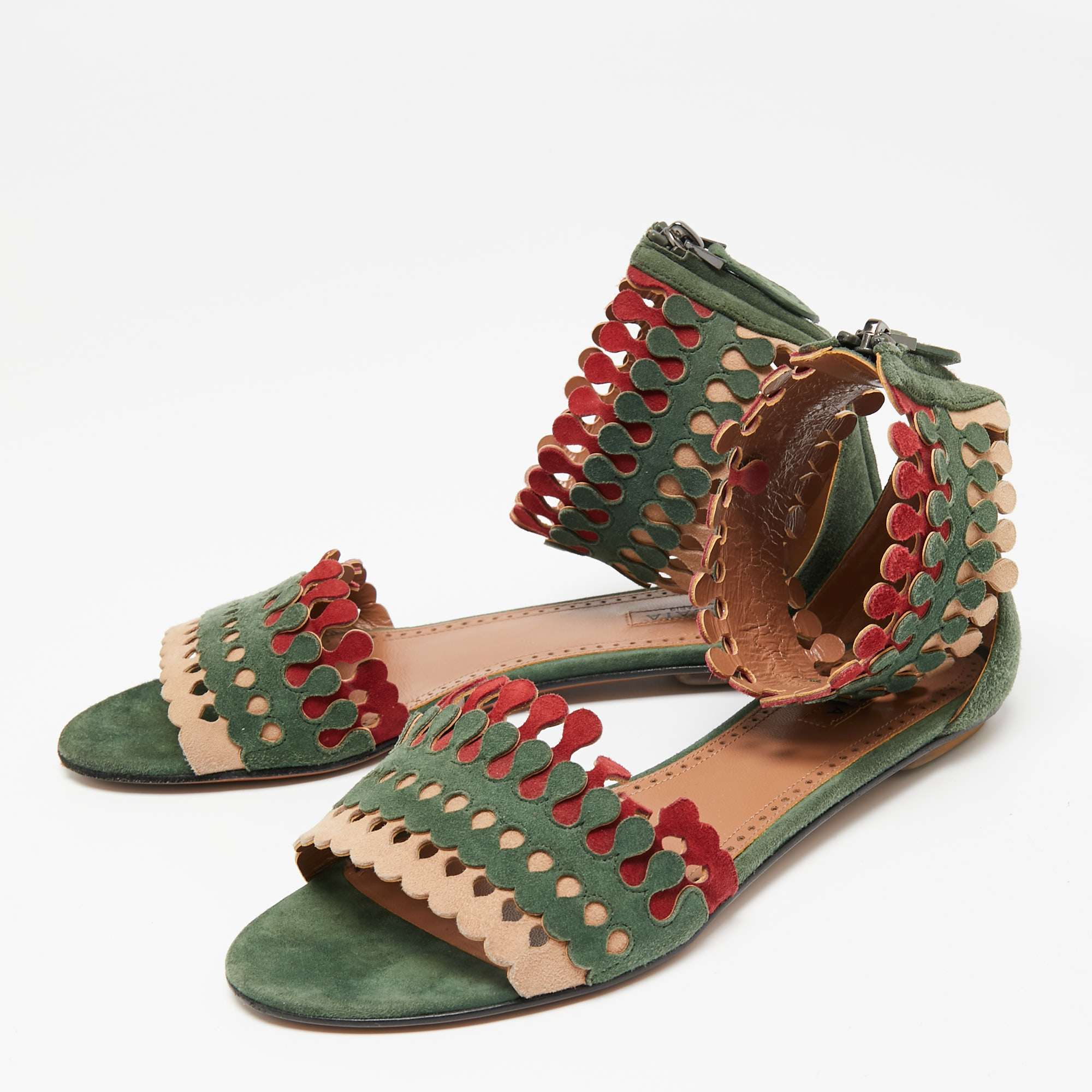 

Alaia Tri-Color Cut-Out Suede Flat Ankle-Cuff Sandals Size, Green