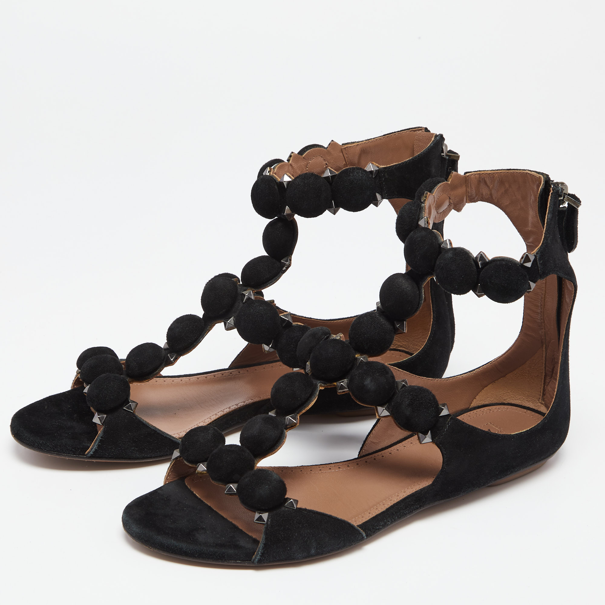 

Alaia Black Suede Bombe Studded Ankle Strap Flat Sandals Size
