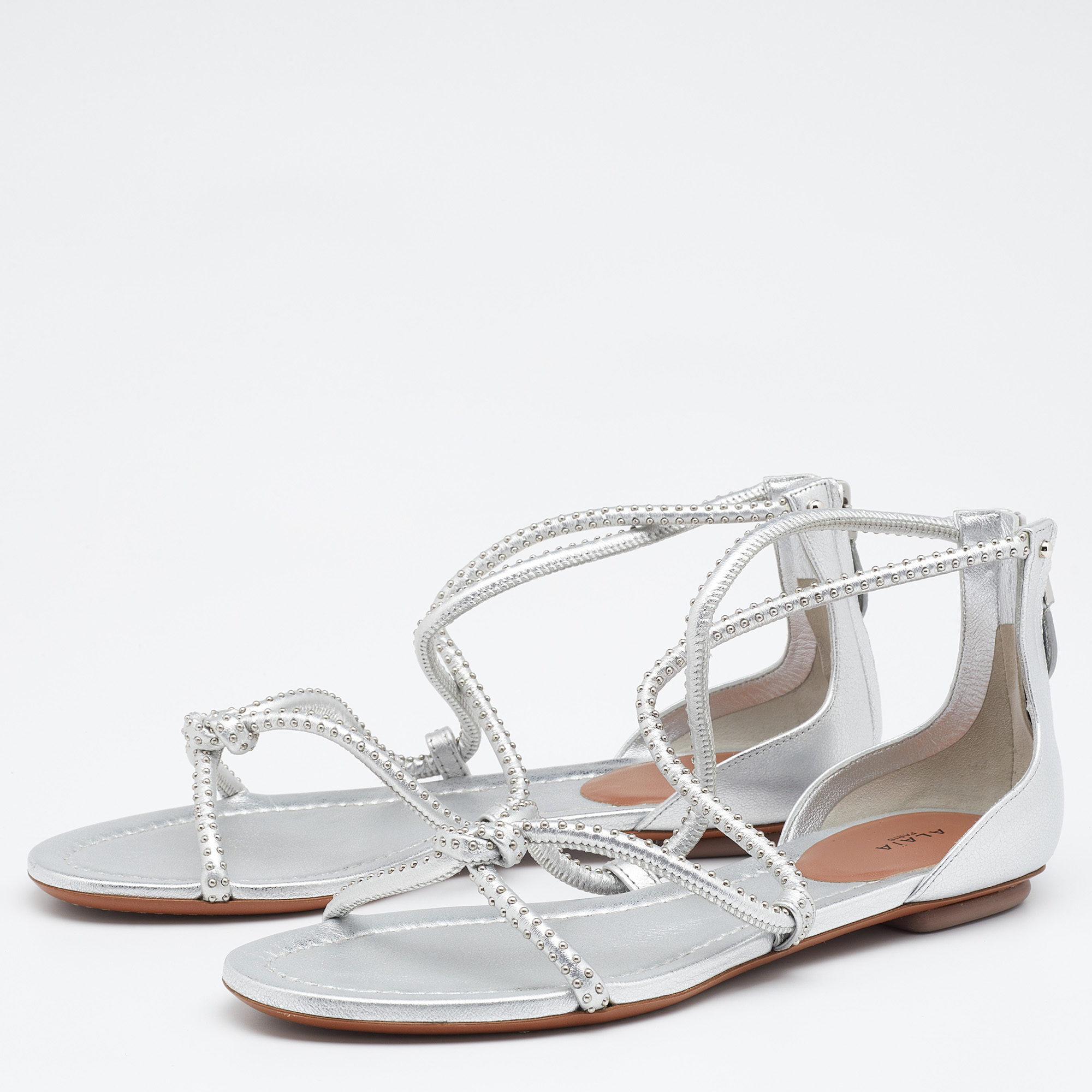 

Alaia Silver Leather Studded Cross Strappy Flat Sandals Size