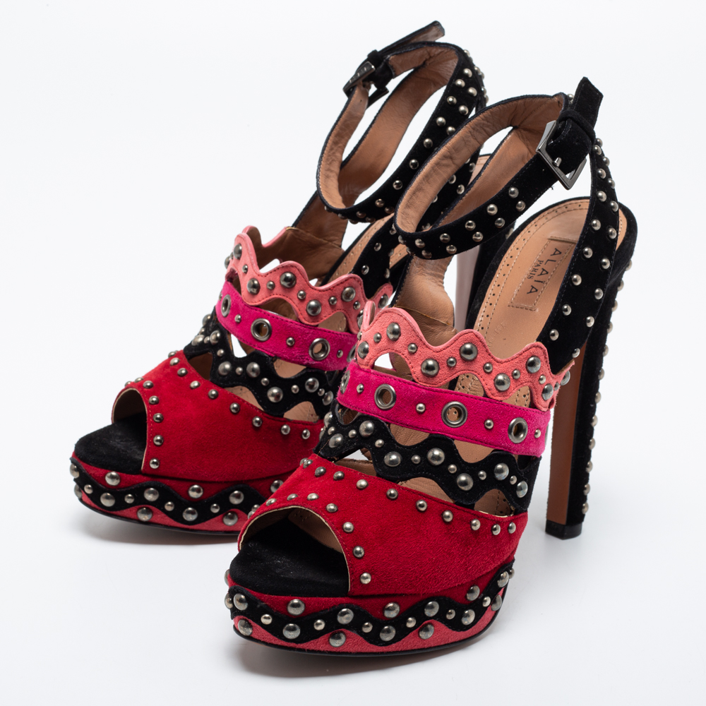 

Alaia Multicolor Suede Studded Peep-Toe Platform Ankle-Strap Sandals Size