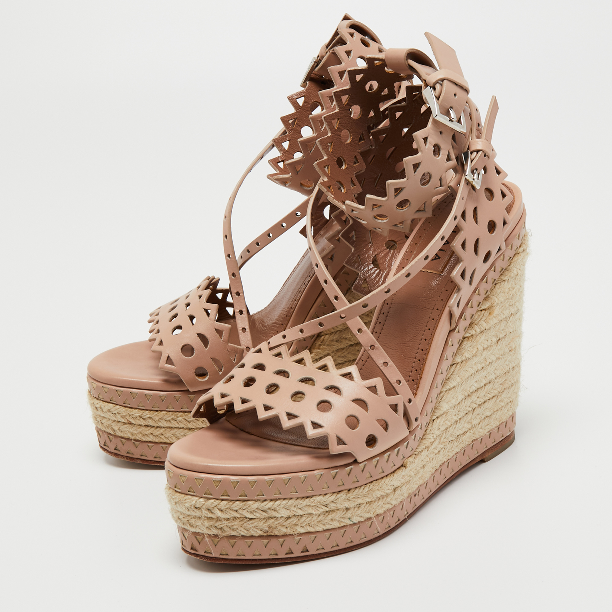 

Alaia Beige Laser-Cut Leather Ankle-Strap Espadrille Sandals Size