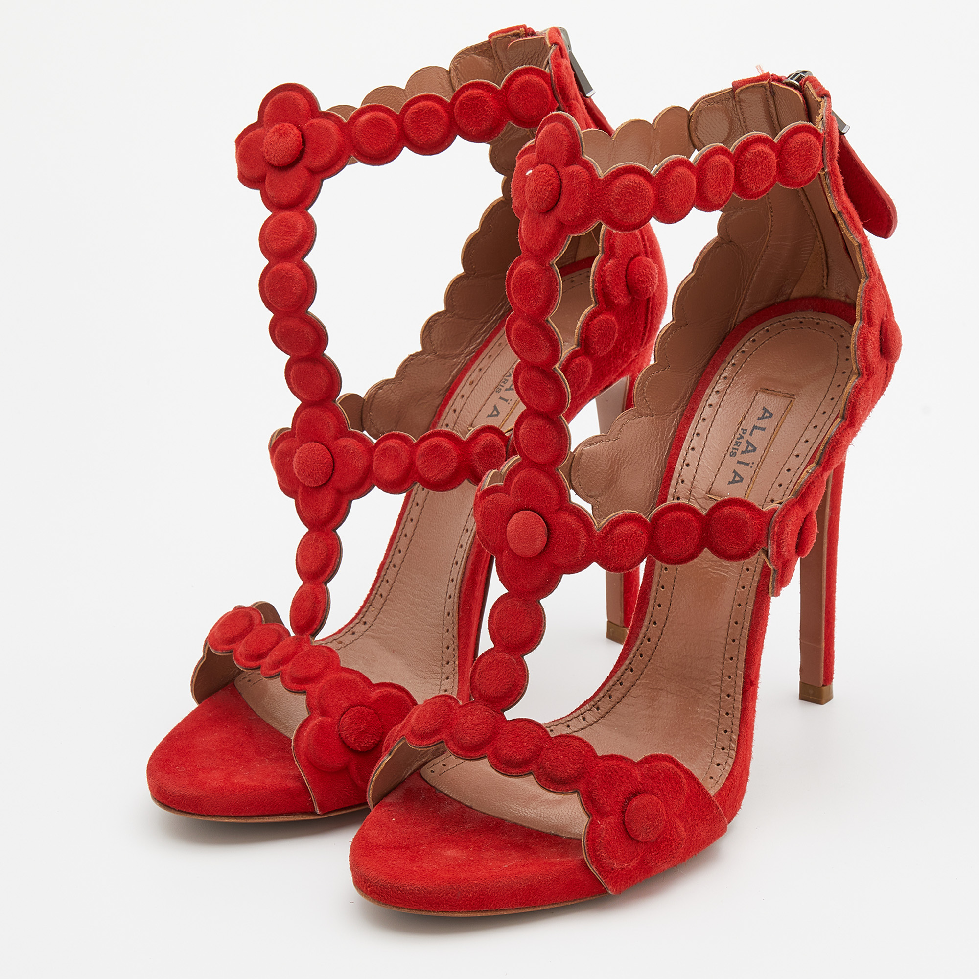 

Alaia Red Laser Cut Suede Daisy Sandals Size