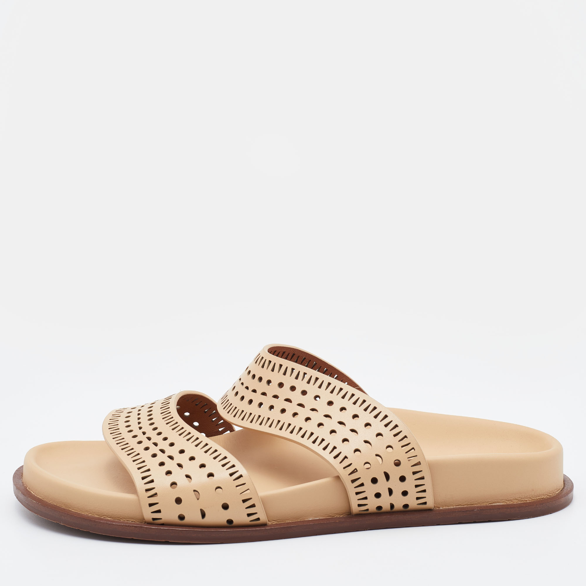 Pre-owned Alaïa Beige Perforated Leather Flat Slides Size 36.5