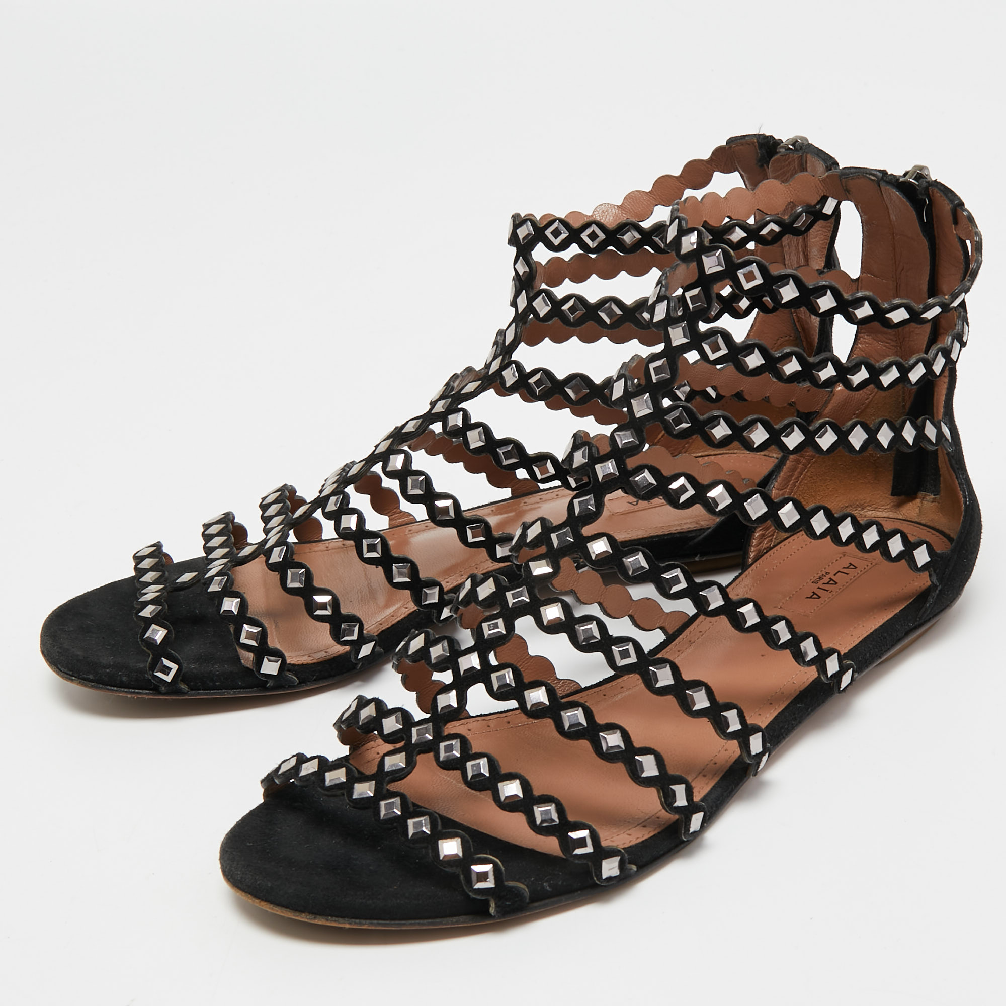 

Alaia Black Suede Embellished Flat Sandals Size