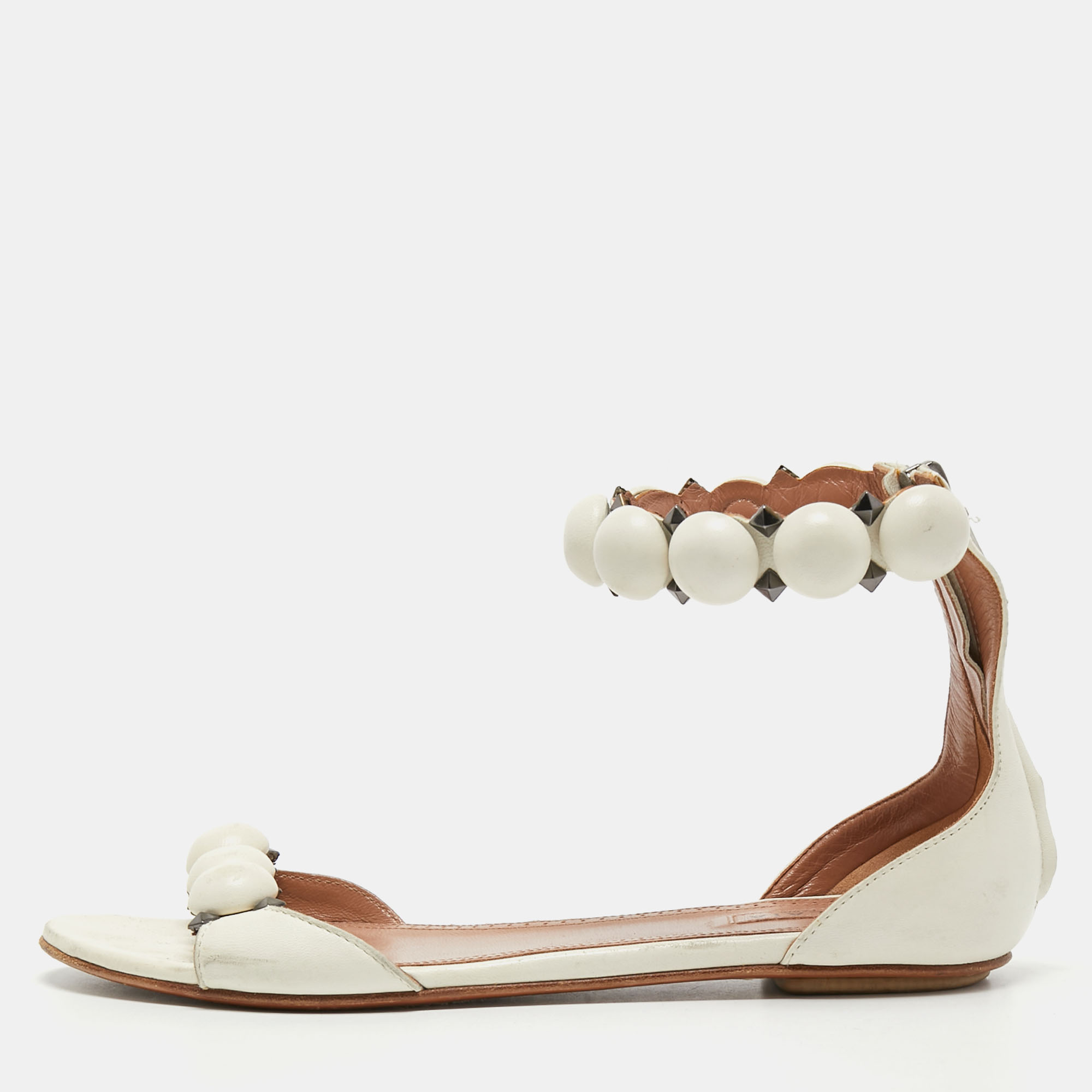 Pre-owned Alaïa White Leather Bombe Flat Ankle Strap Sandals Size 38