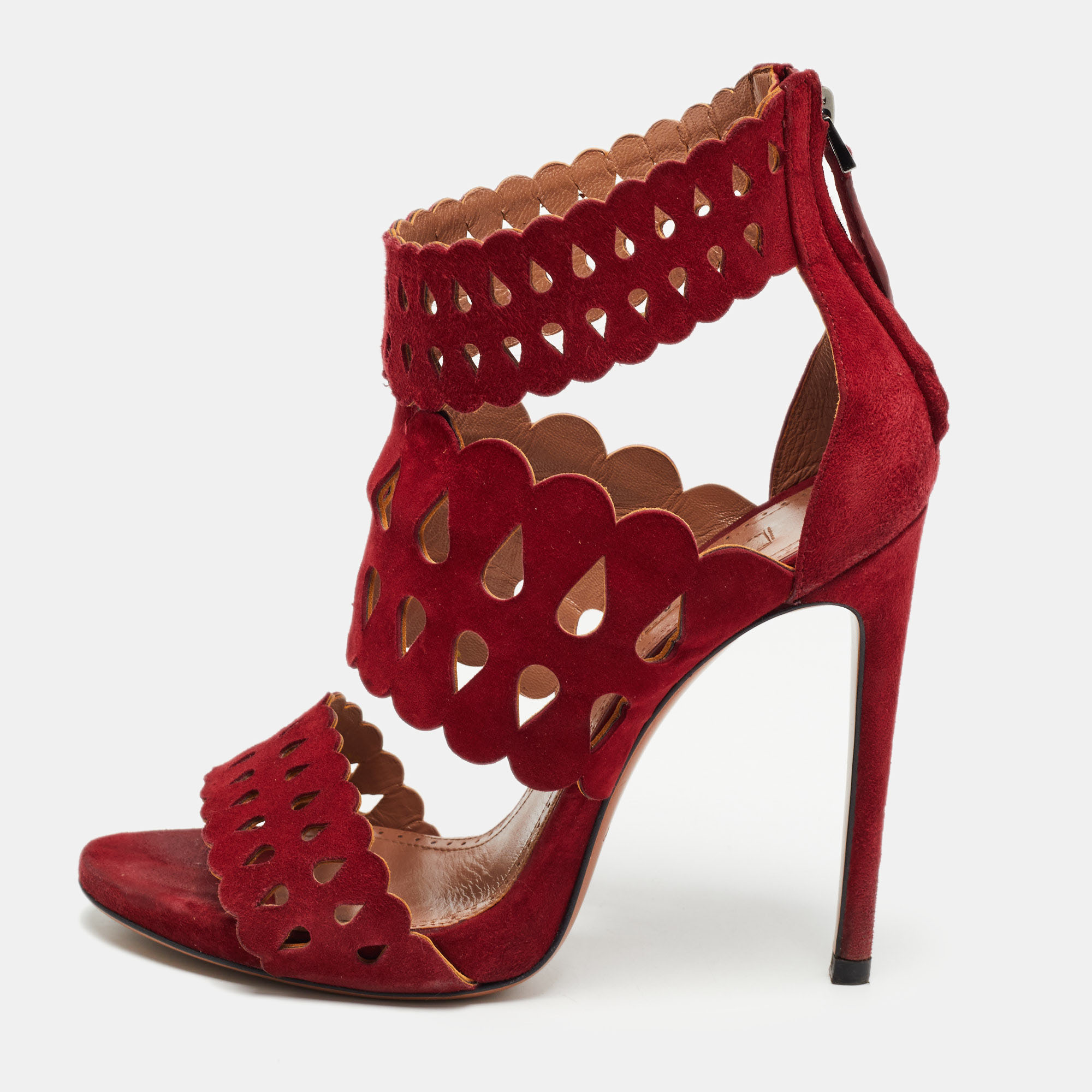 Pre-owned Alaïa Burgundy Suede Laser Cut Out Ankle Cuff Sandals Size 36