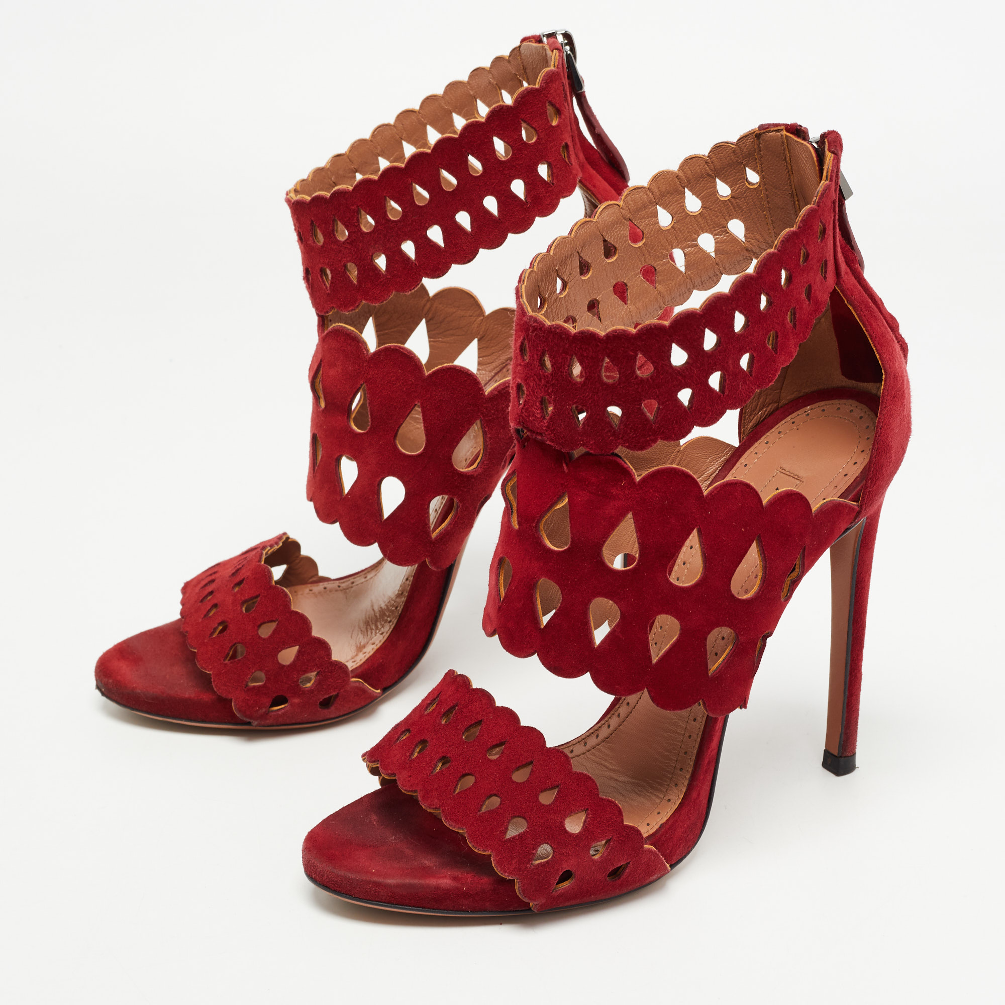 

Alaia Burgundy Suede Laser Cut Out Ankle Cuff Sandals Size