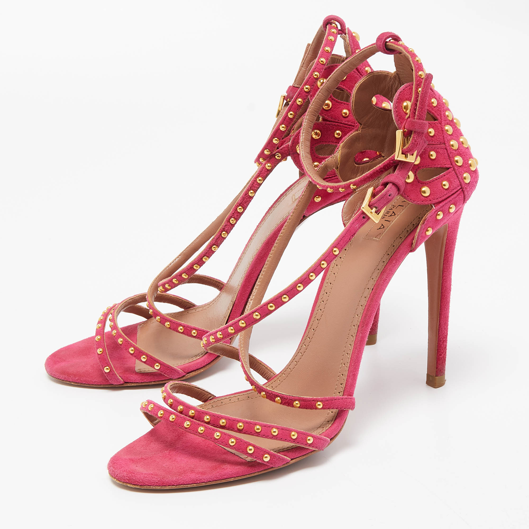 

Alaia Pink Suede Studded Strappy Ankle Strap Sandals Size