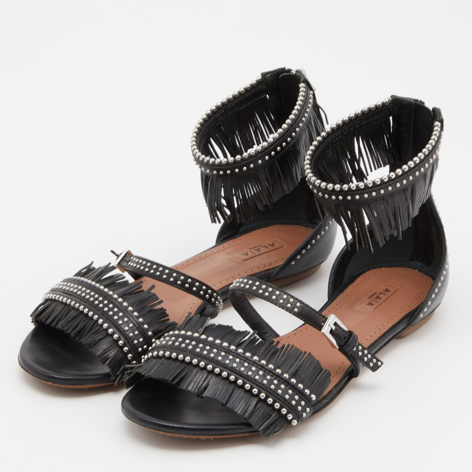 

Alaia Black Leather Fringes Flat Sandals Size