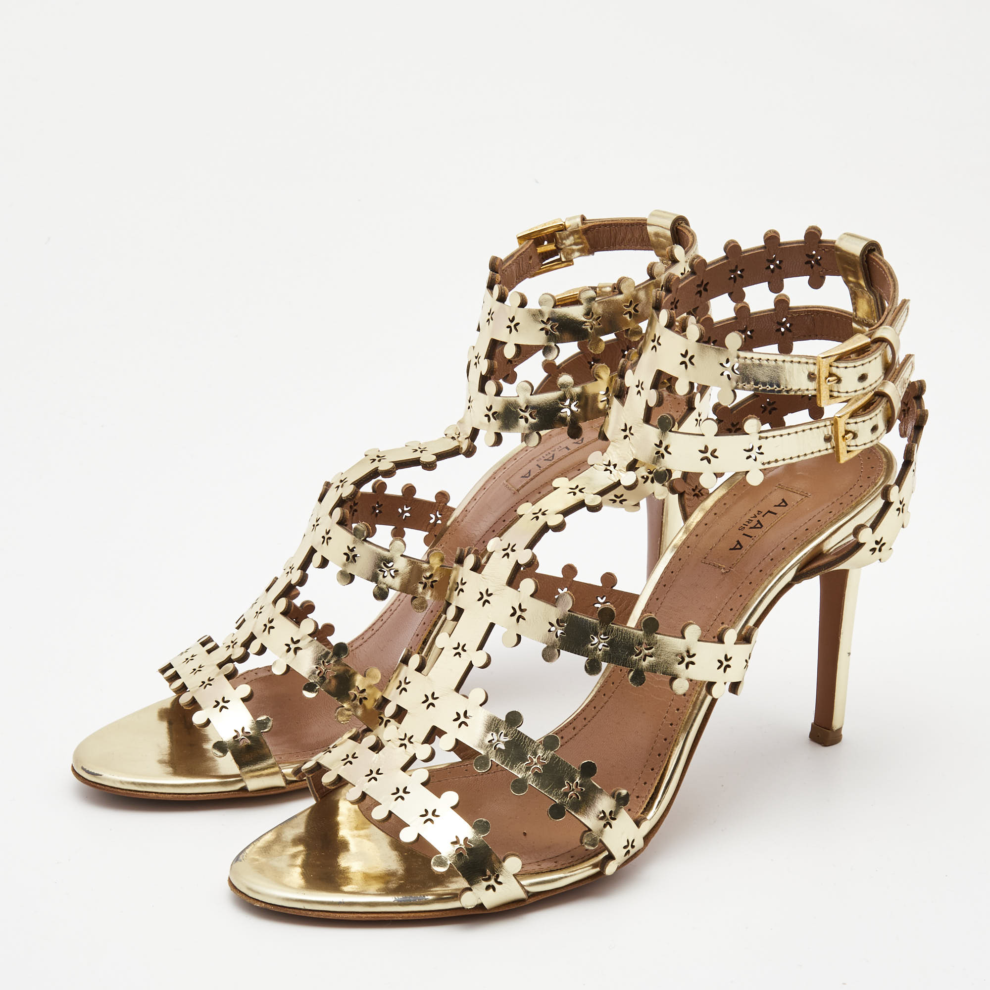 

Alaia Gold Leather Strappy Sandals Size