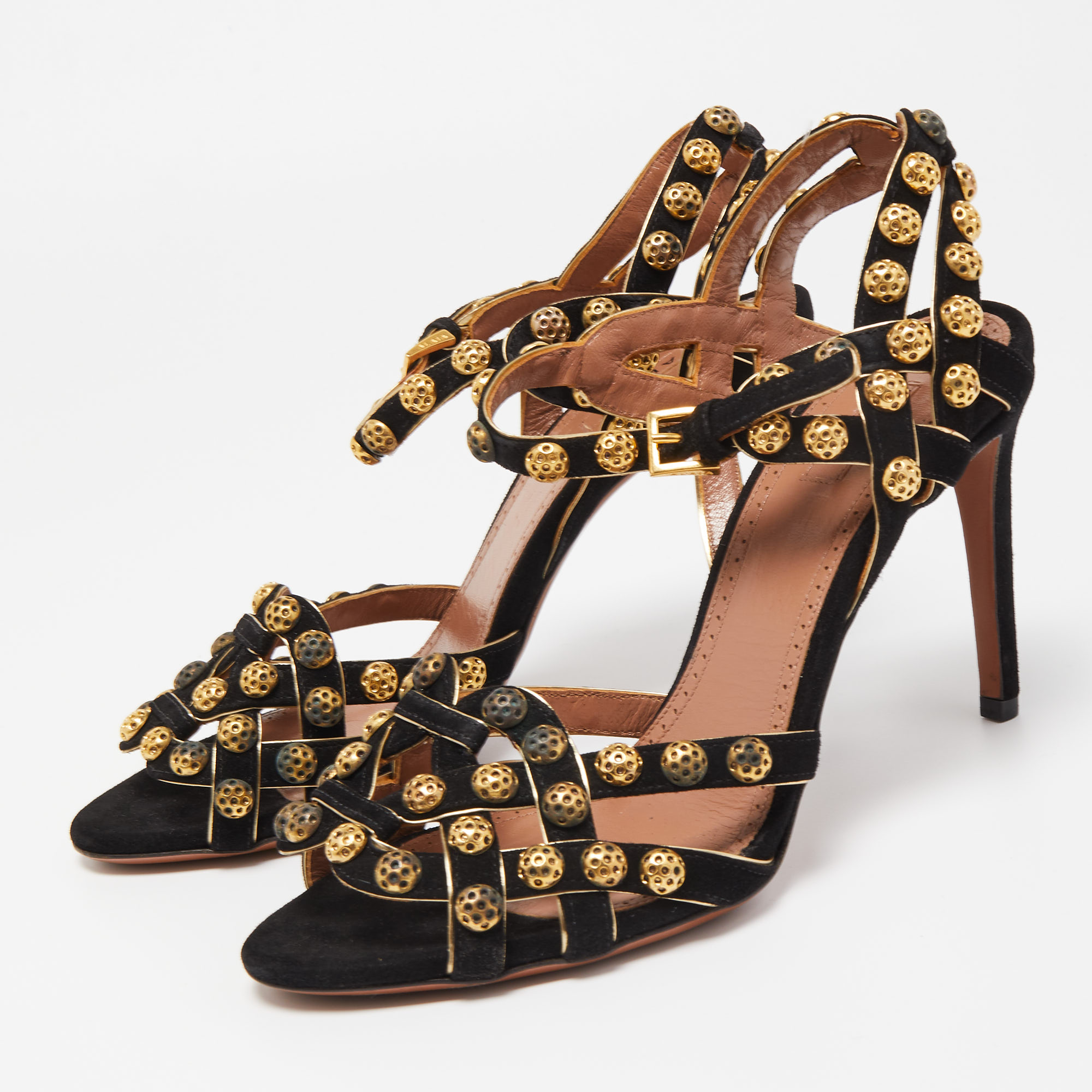 

Alaia Black Suede Studded Ankle Strap Sandals Size