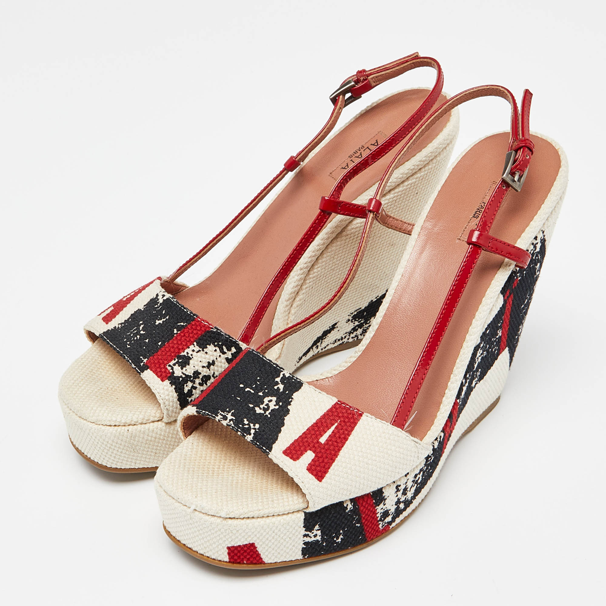 

Aliaia Tricolor Printed Canvas and Patent Leather Wedge Platform Slingback Sandals Size, Red