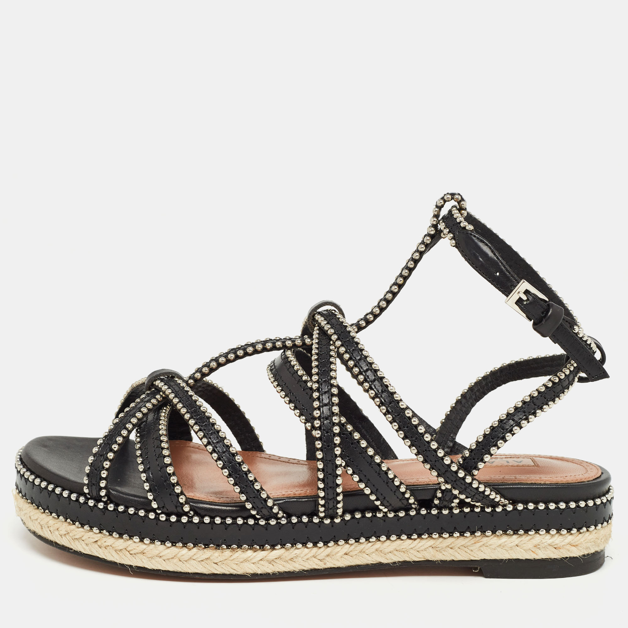 

Alaia Black Leather Studded Strappy Espadrille Flat Sandals Size