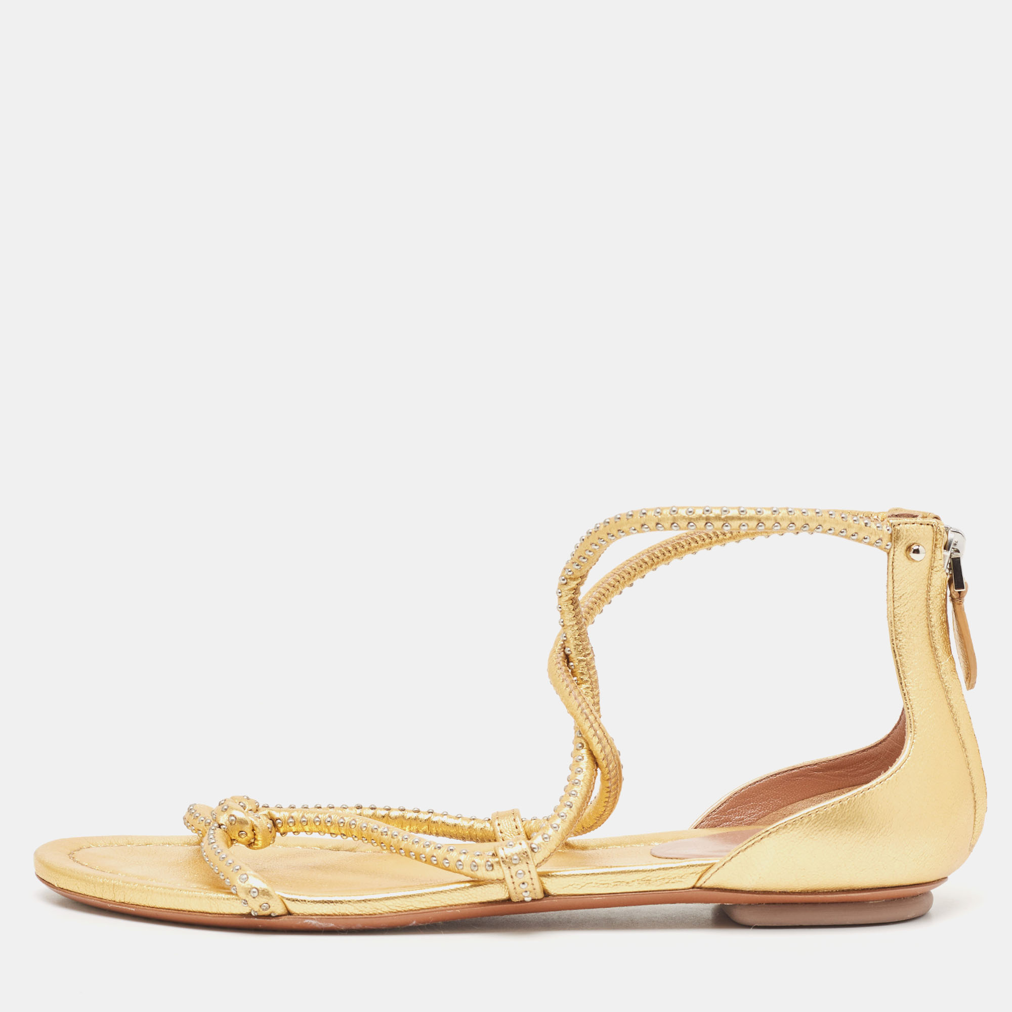Pre-owned Alaïa Gold Studded Leather Strappy Flat Sandals Size 38.5