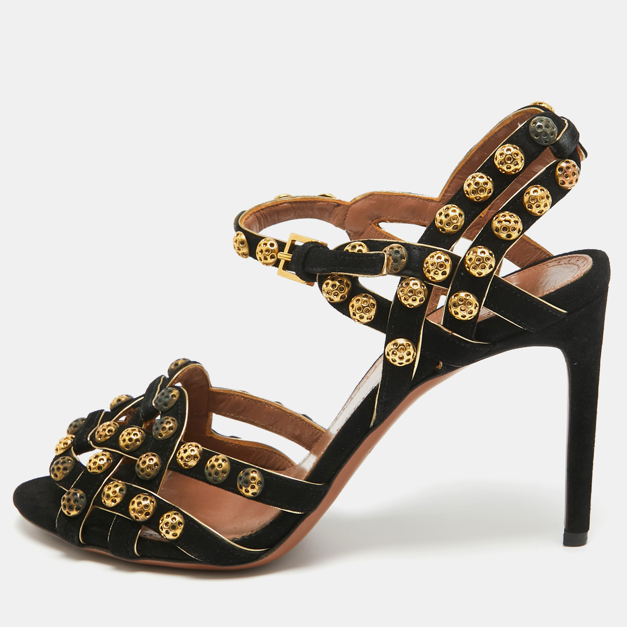 

Alaia Black Suede Studded Ankle Strap Sandals Size