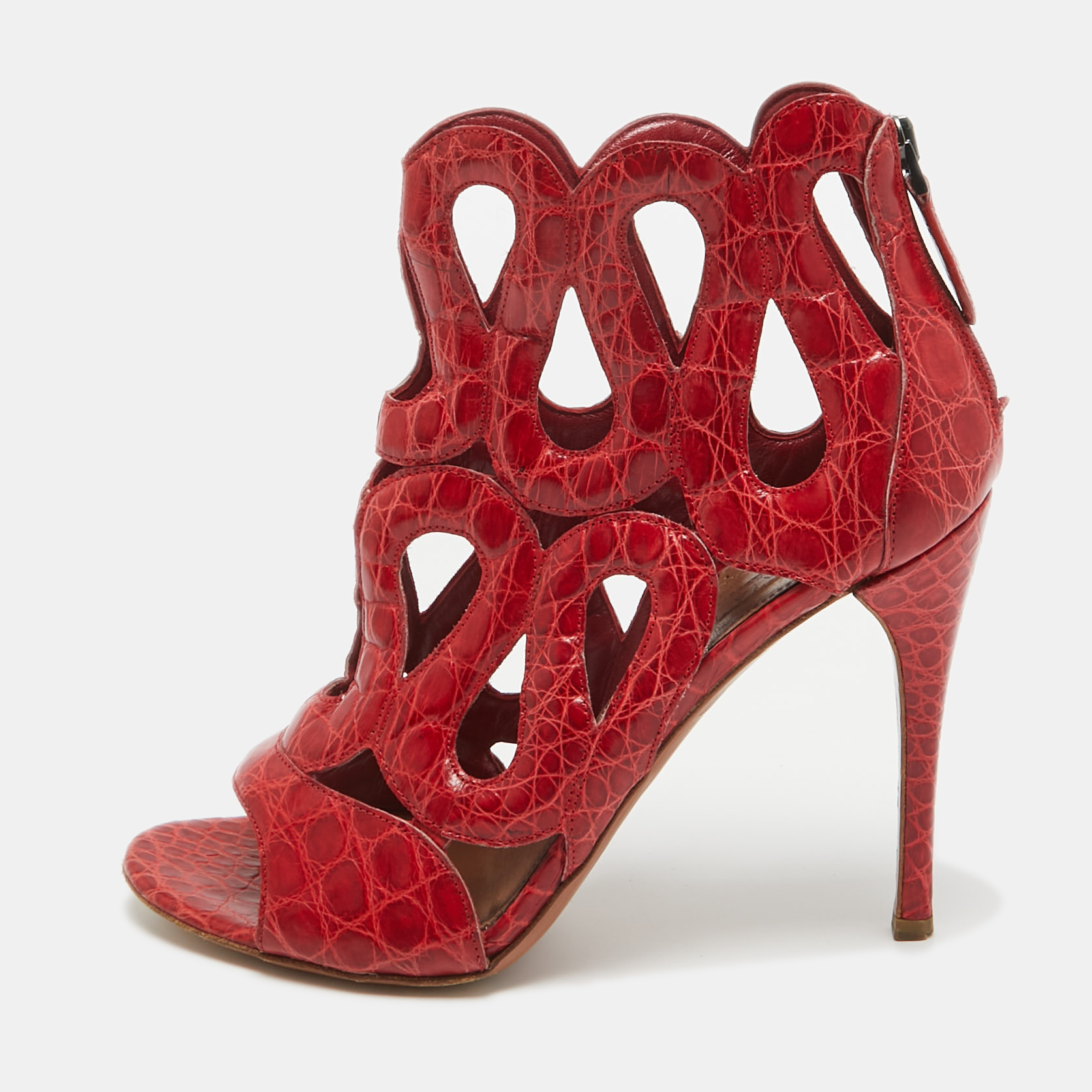 

Alaia Red Crocodile Embossed Leather Open Toe Cut Out Sandals Size
