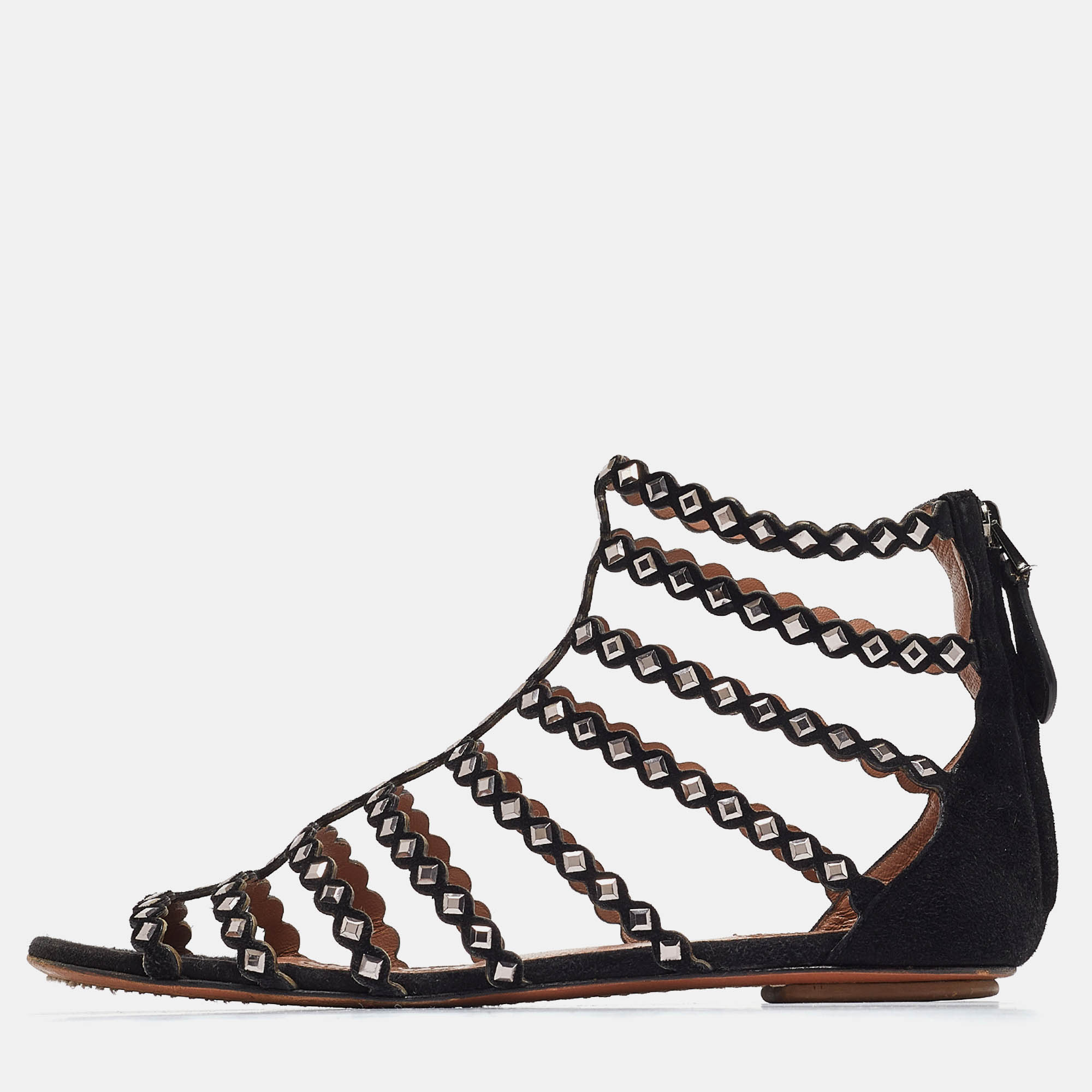 

Alaia Black Suede Studded Strappy Flat Sandals Size