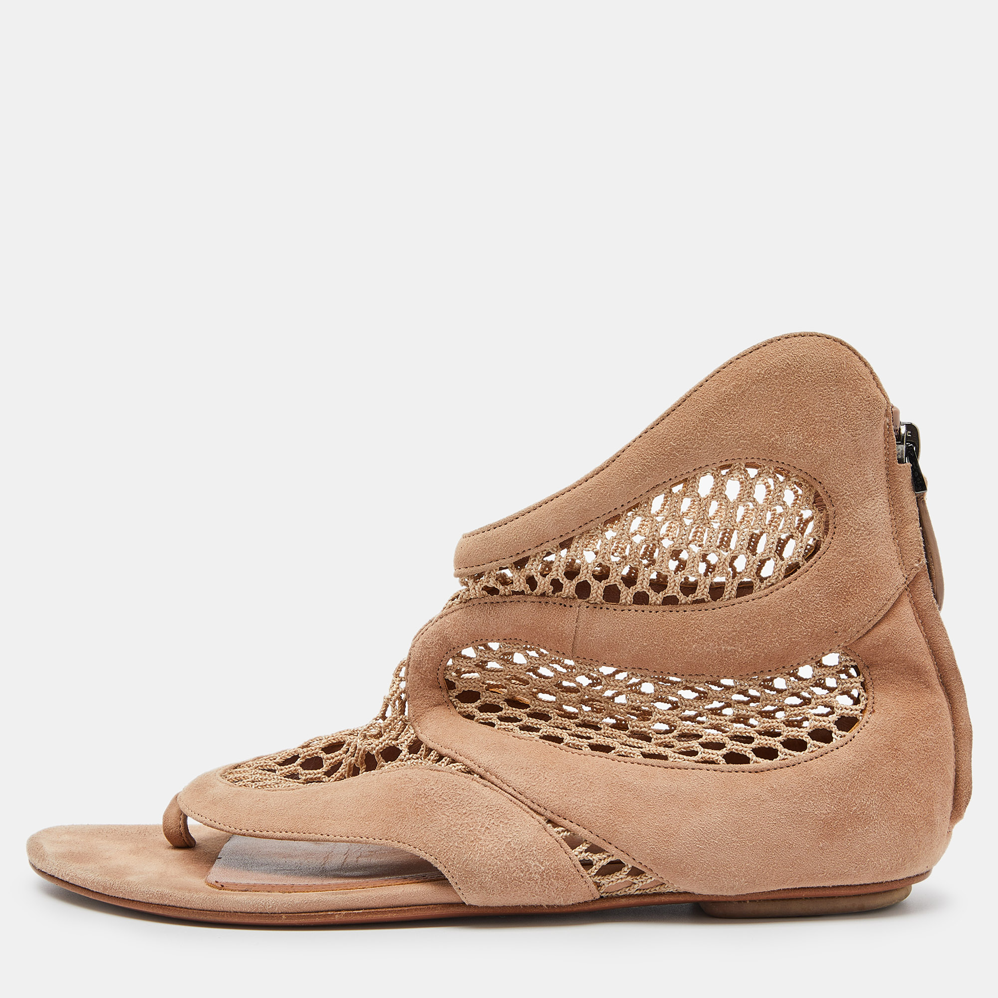 

Alaia Beige Suede and Mesh Zip Thong Flat Sandals Size