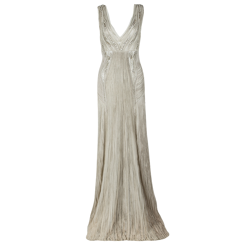 Alberta Ferretti Grey Embellished Crinkled Tulle Sleeveless Gown L