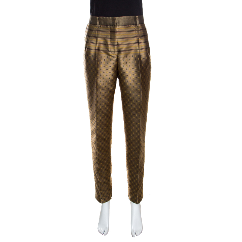 Alberta Ferretti Dull Gold Patterned Jacquard High Waist Tapered Trousers M