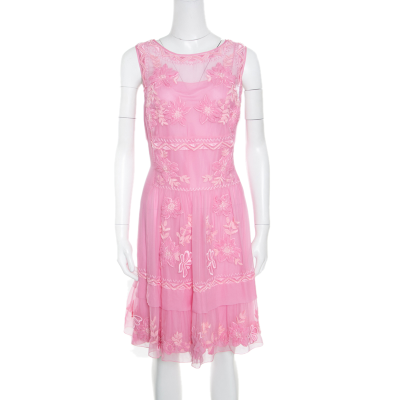 Alberta Ferretti Pink Hand Embroidered Silk Sleeveless Dress L