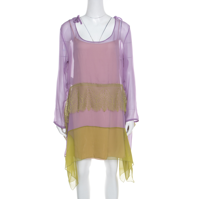 Alberta Ferretti Purple and Green Silk Lace Panel Insert Asymmetric Dress L