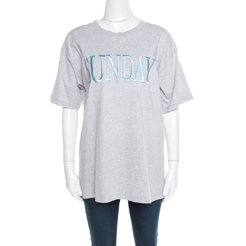 Pre Owned Alberta Ferretti Grey Cotton Sunday Embroidered Oversized T-Shirt XS