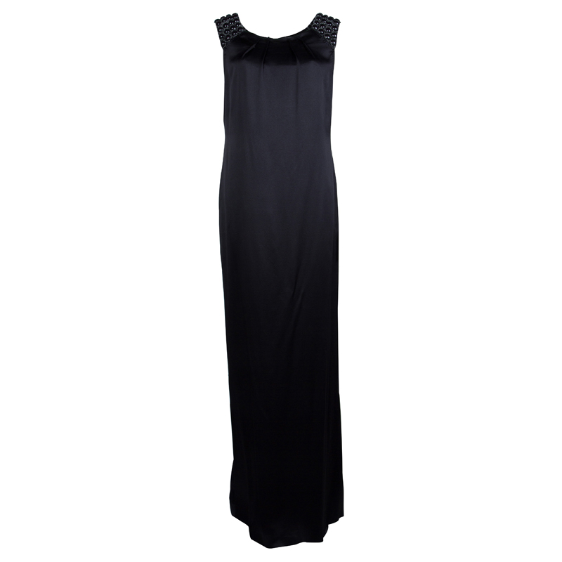 Pre Owned Alberta Ferretti Black Silk Studded Shoulder Detail Sleeveless Maxi Dress M