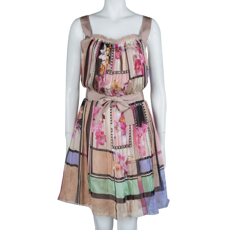 

Alberta Ferretti Multicolor Floral Print Pleated Sleeveless Cross Back Dress