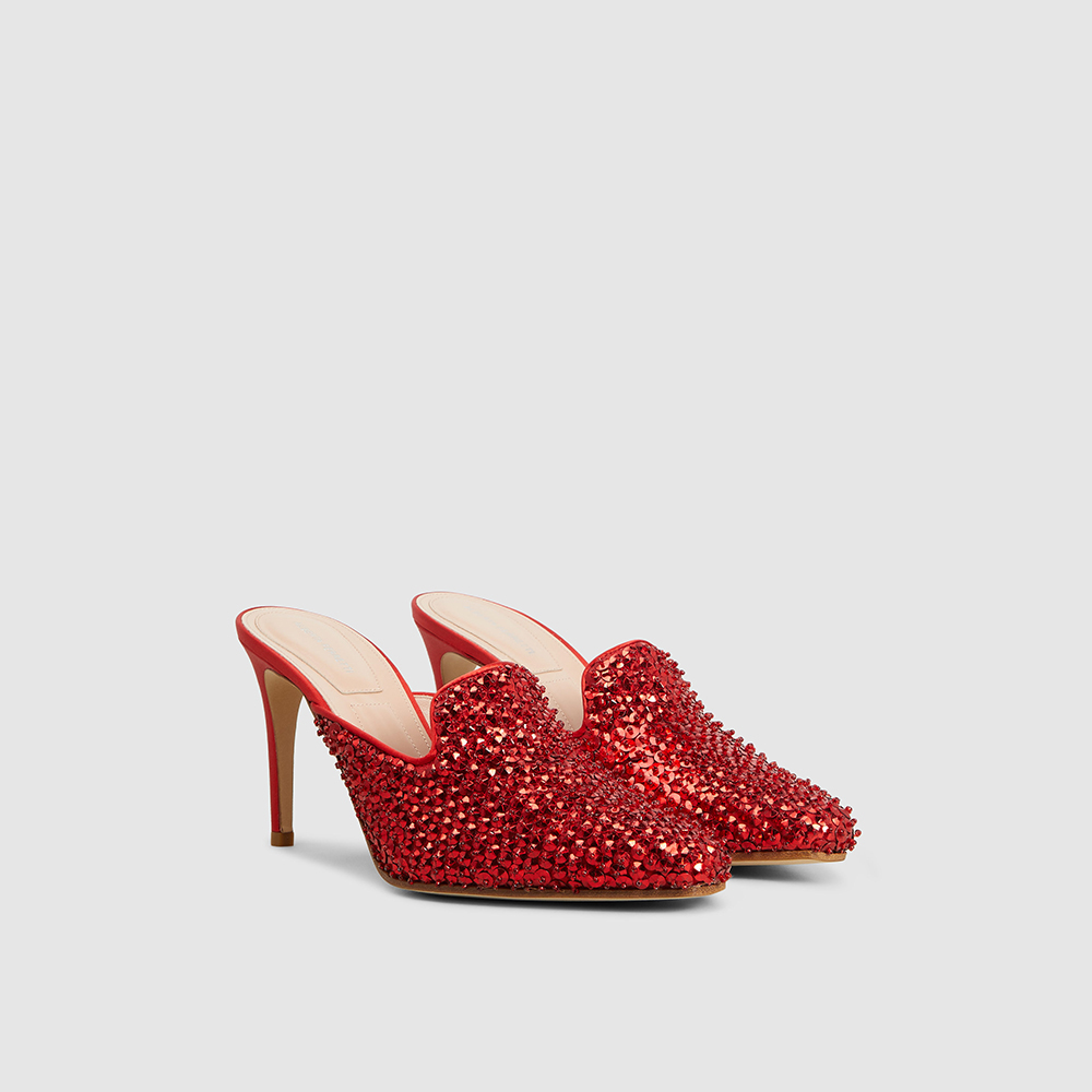 

Alberta Ferretti Red Sequinned Satin and Leather Mules Size IT