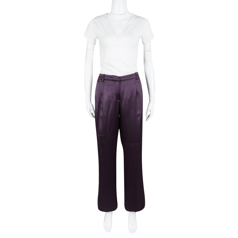 Pre-owned Alberta Ferretti Purple Silk Satin Wide Leg Trousers M