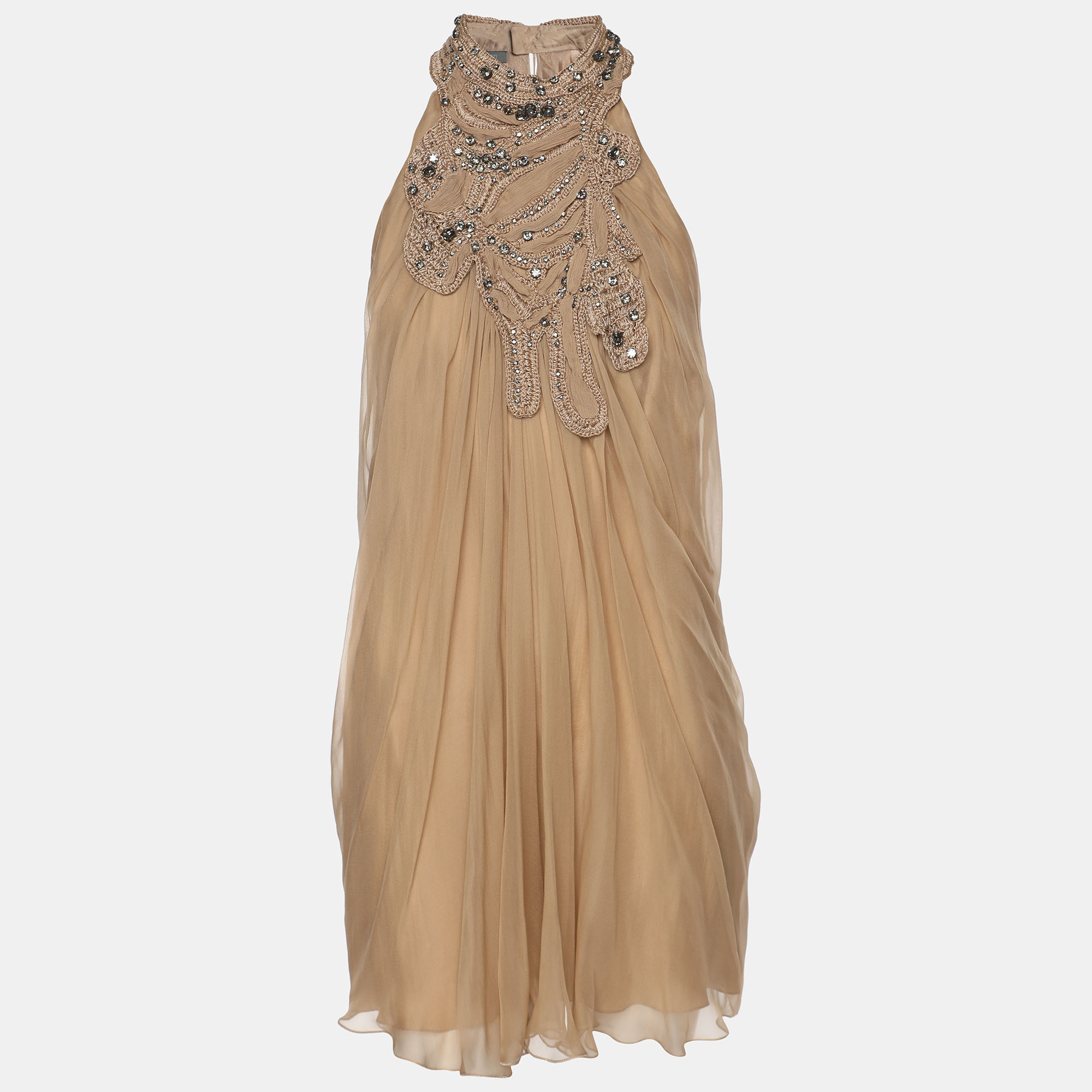 Pre-owned Alberta Ferretti Alberta Ferreti Beige Chiffon Braided Crystal Embellishment Halter Neck Top M In Sand