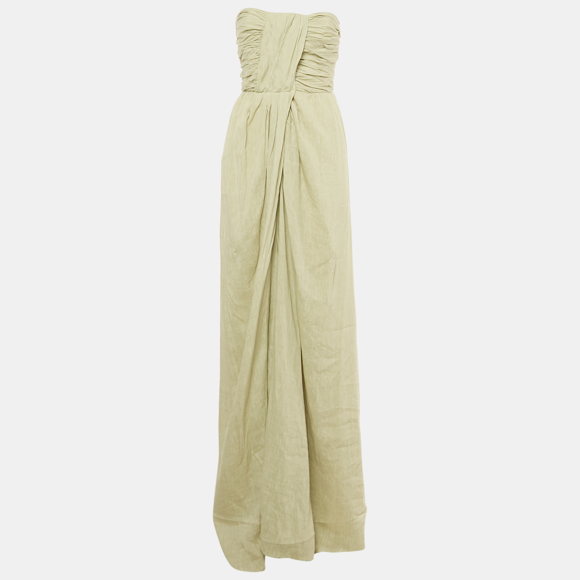 

Alberta Ferretti Light Green Linen Gathered Strapless Maxi Dress M
