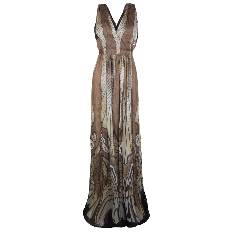 Pre Owned Alberta Ferretti Multicolor Printed Crepe Silk Sleeveless Belted Maxi Dress M