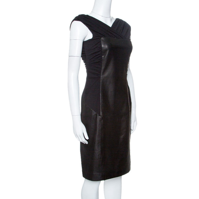 

Alberta Ferretti Black Sheep Leather Panel Ruched Sleeveless Dress