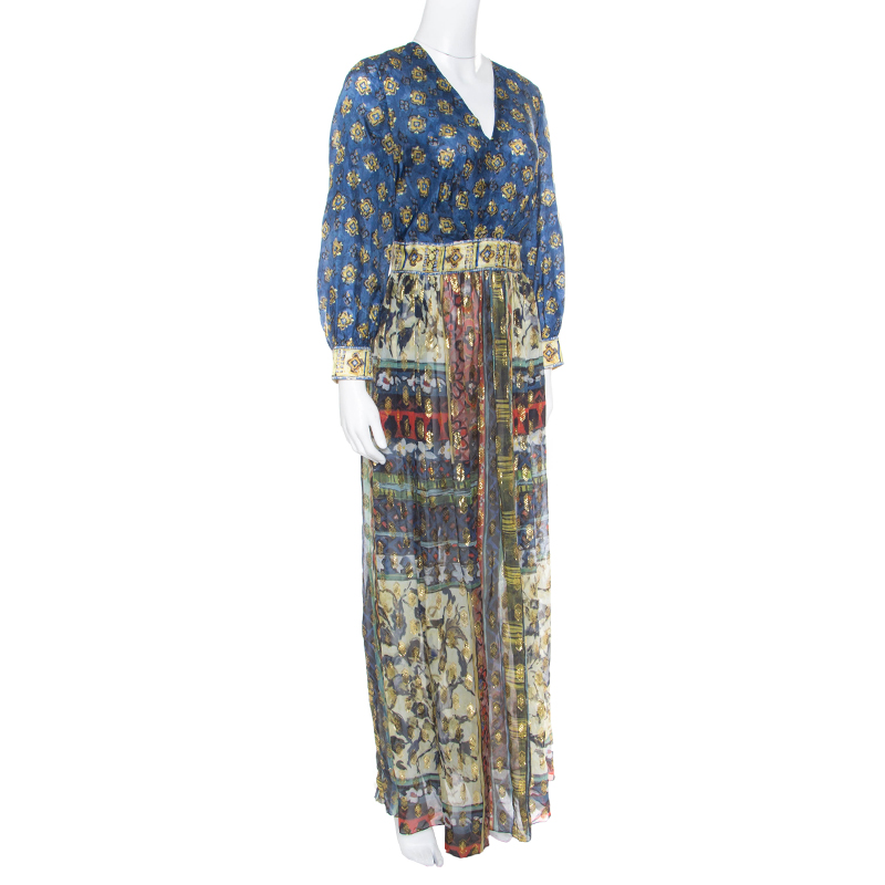 

Alberta Ferretti Printed Silk Lurex Jacquard Peasant Sleeve Maxi Dress, Blue