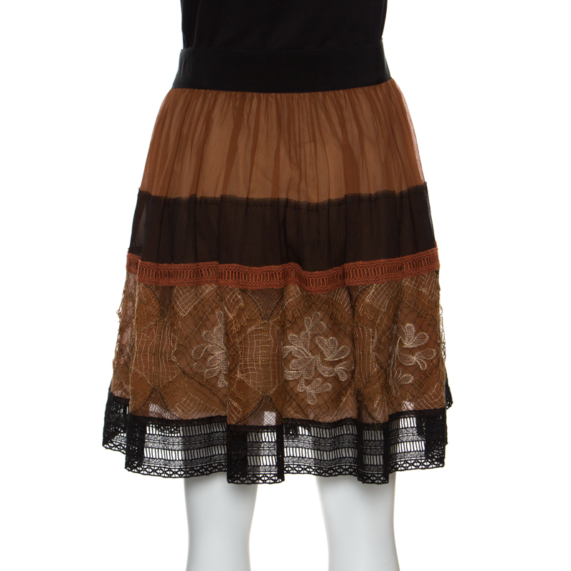 Pre-owned Alberta Ferretti Brown Silk Colorblock Lace Panel Detail Gathered Skirt L
