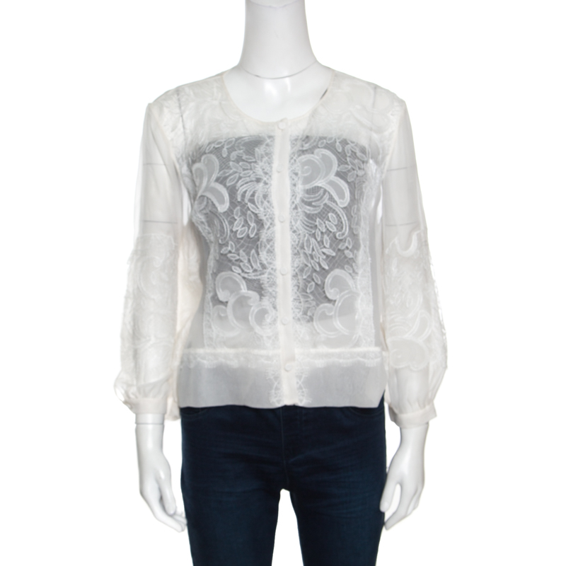 Pre Owned Alberta Ferretti Limited Edition Off White Lace and Silk Sheer Long Sleeve Blouse L