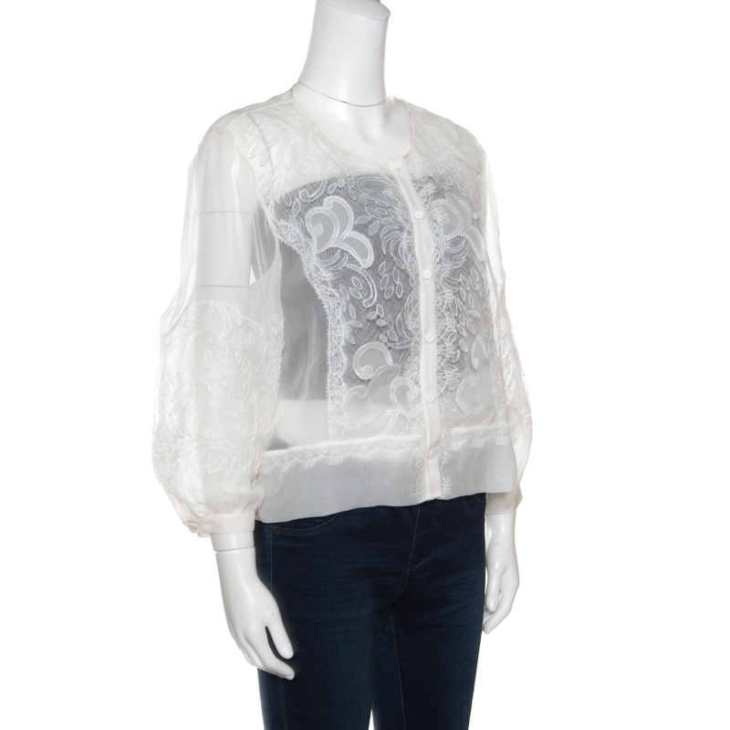 

Alberta Ferretti Limited Edition Off White Lace and Silk Sheer Long Sleeve Blouse