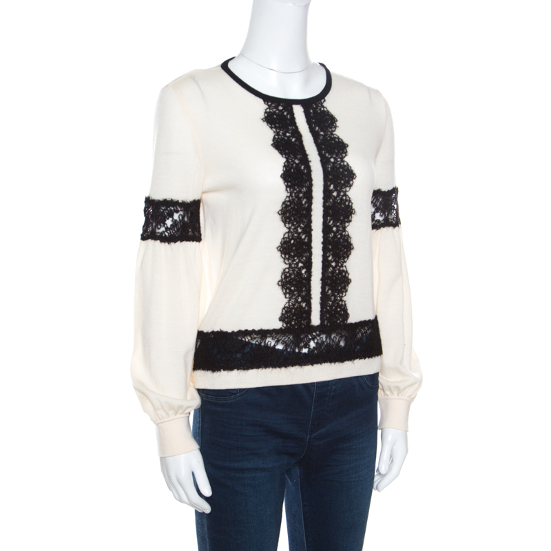 

Alberta Ferretti Cream Wool Contrast Cutout Lace Insert Long Sleeve Sweater