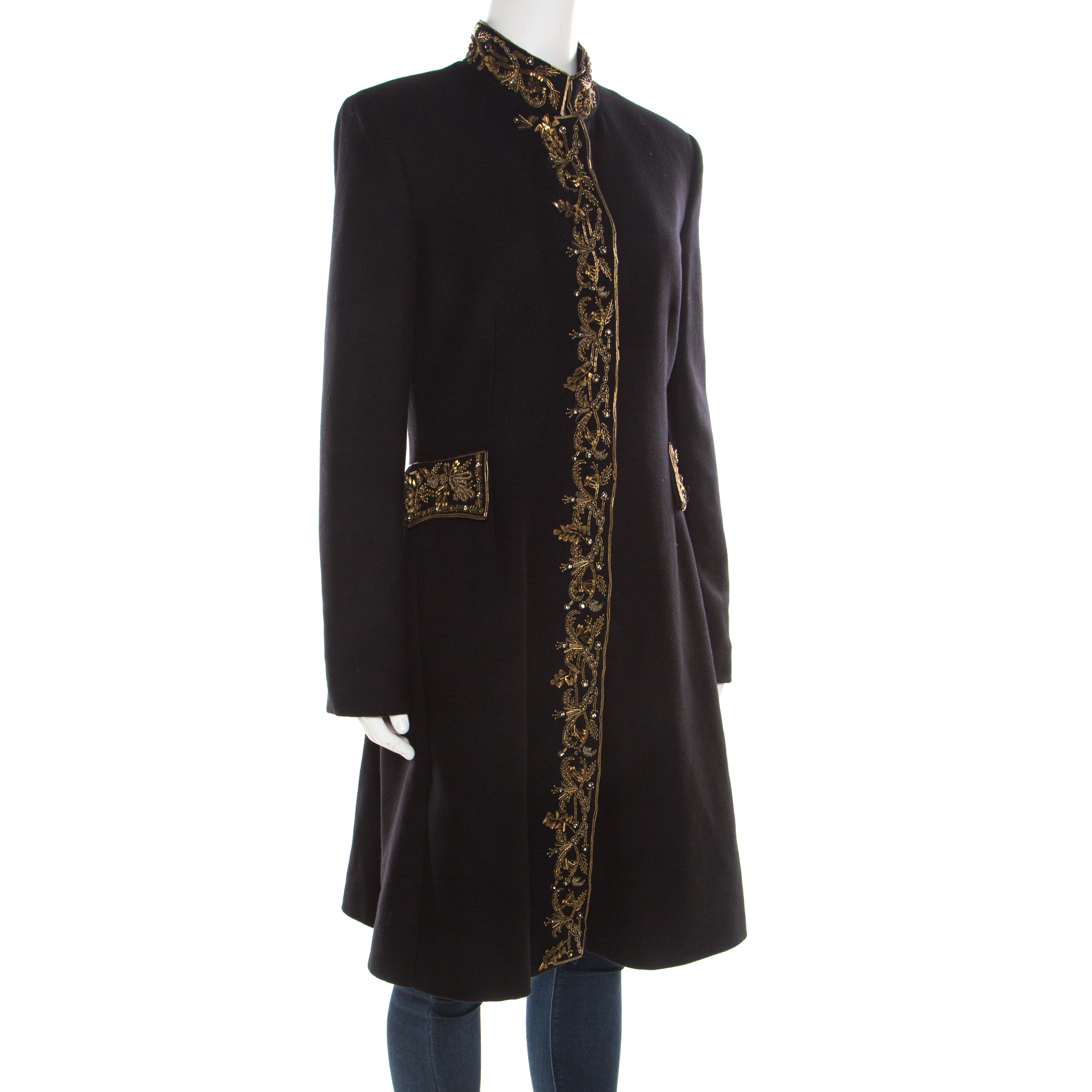 

Alberta Ferretti Black and Gold Embellished Felted Wool Stand Collar Overcoat