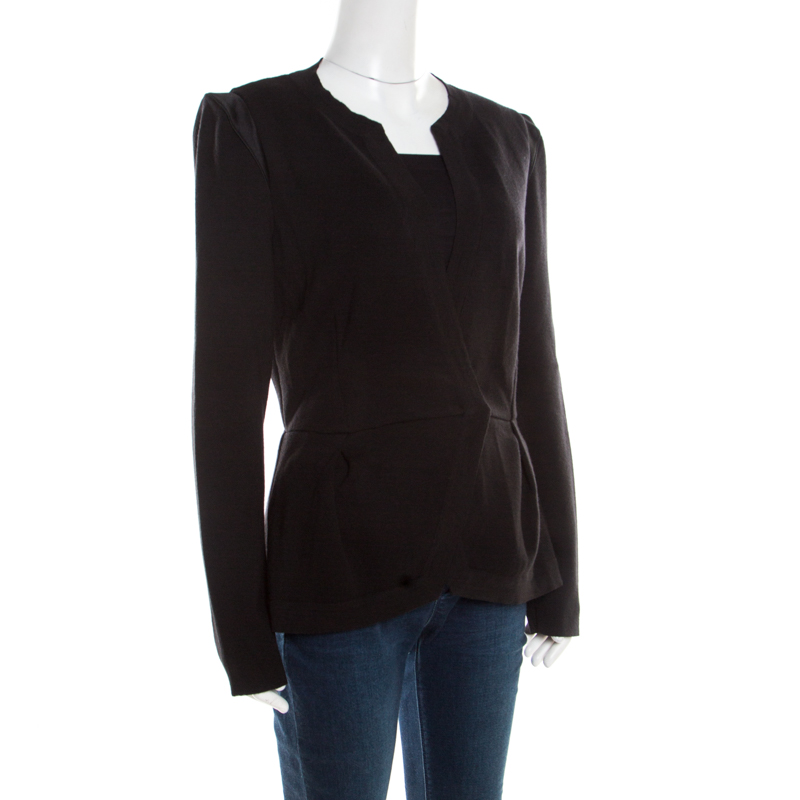 

Alberta Ferretti Black Wool Satin Trim Faux Wrap Cardigan