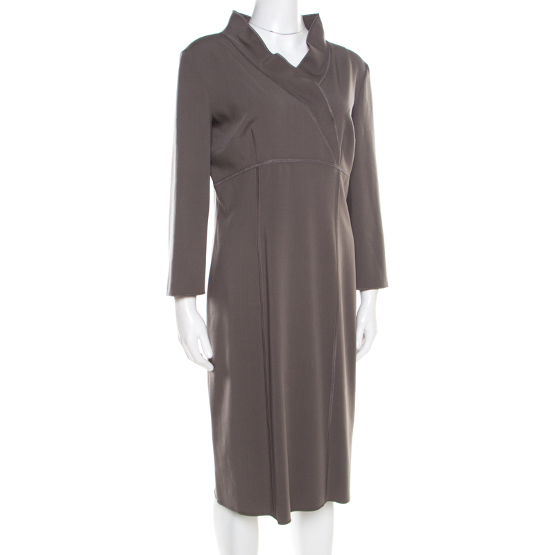 

Alberta Ferretti Grey Wool Blend Topstitch Detail Long Sleeve Sheath Dress