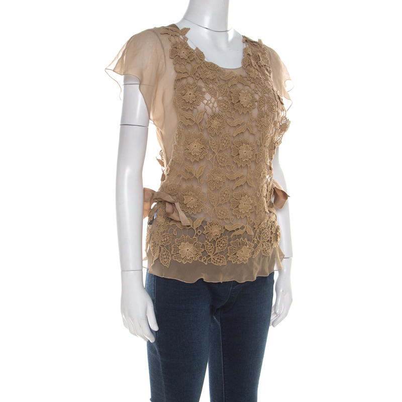 

Alberta Ferretti Beige Chiffon and Lace Overlay Top