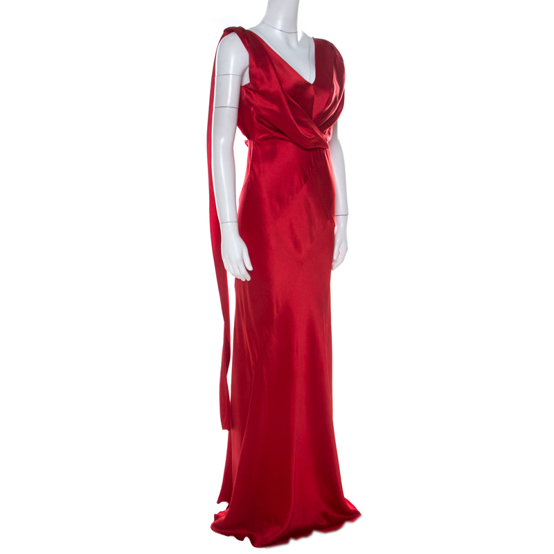 

Alberta Ferretti Red Silk Bow Tie Detail Draped Evening Gown