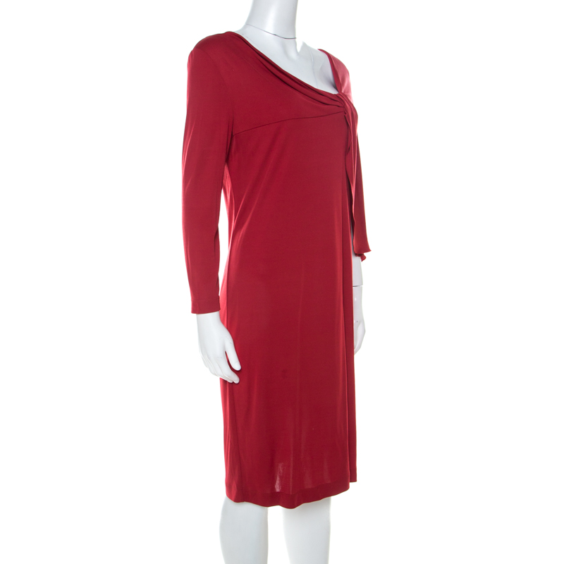 Pre-owned Alberta Ferretti Red Silk Jersey Asymmetric Batwing Sleeve Dress M